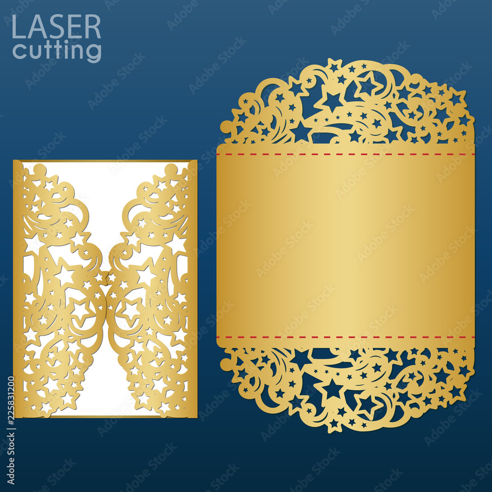 Laser cut wedding invitation card template vector. Die cut paper card with  with pattern of stars and swirls. Cutout paper gate fold card for laser  cutting or die cutting template. Stock Vector