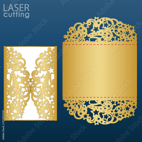 Laser cut wedding invitation card template vector. Die cut paper card with with pattern of stars and swirls. Cutout paper gate fold card for laser cutting or die cutting template.
