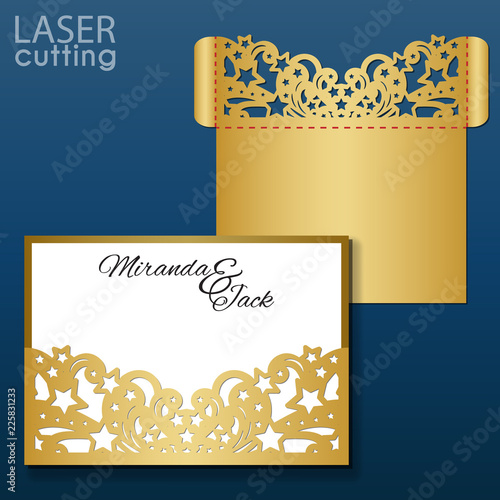 Laser cut wedding invitation envelope template vector. Die cut pocket envelope template. Wedding invitation or greeting card with pattern of stars and swirls.