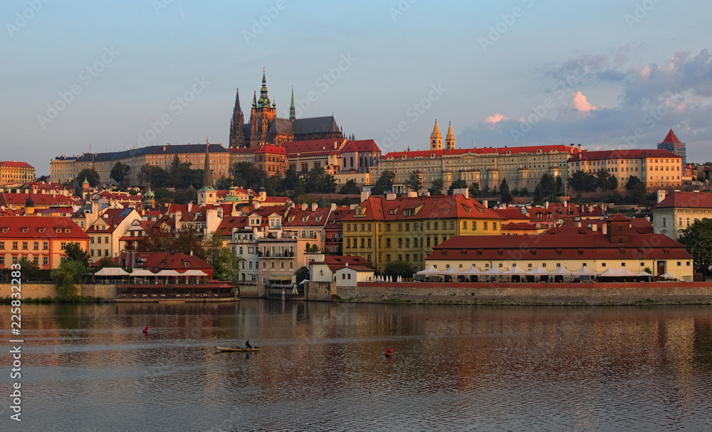 Scenic view of the Prague Castle with Saint Vitus Cathedral in the historic city center in Prague by the Vltava River during sunrise in summer. Prague, Czech Republic