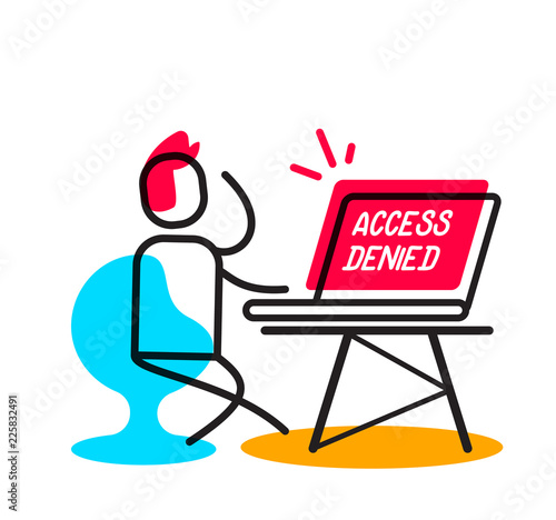 Access denied linear concept. Vector business illustration of man with laptop in the workplace.