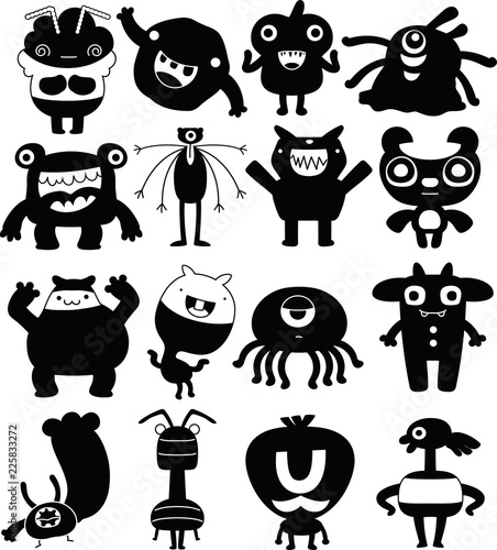 Black Comic cute monster vector set