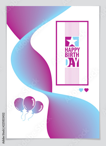 Birthday greeting card vector design. Includes lettering composition and balloons combined with wavy fluid colorful shape abstract background. A4 format with CMYK colors acceptable for print.