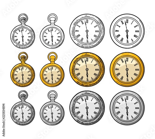 Antique pocket watch and wall clock. Vector engraving