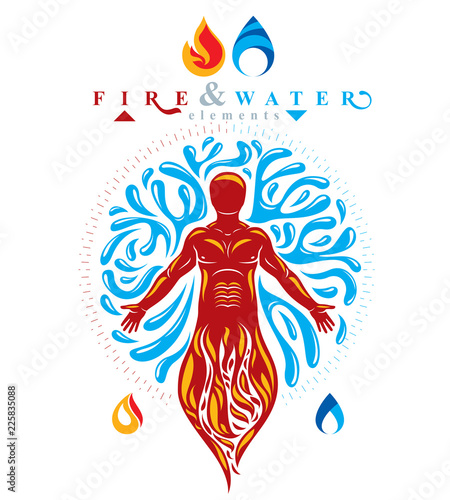 Vector illustration of human being standing, mythic ancient god. Prometheus surrounded by a water ball, water and fire diversity and harmony.