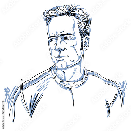 Graphic vector hand-drawn illustration of white skin attractive man. People face expressions, monochrome portrait.