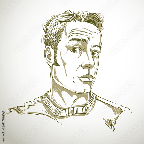Hand-drawn vector illustration of shocked man, disbeliever theme. Monochrome image, expressions on face of young man.
