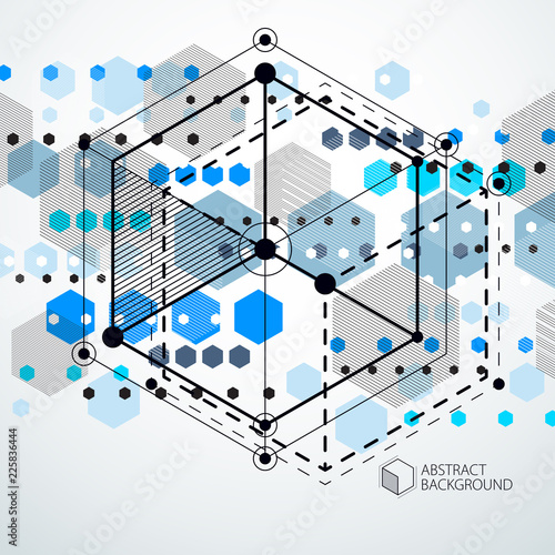 Isometric abstract blue background with linear dimensional cube shapes, vector 3d mesh elements. Layout of cubes, hexagons, squares, rectangles and different abstract elements.