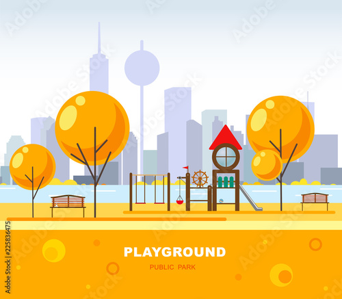 Children's playground in the city’s public park. Vector illustration. Futuristic urban scene