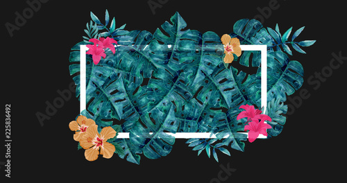Tropical leaves and flowers in white frame