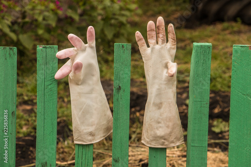 Schilderij op canvas rubber gloves are dried on the fence in the village