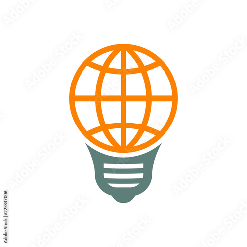 Logotipo bombilla con mundo en gris y naranja