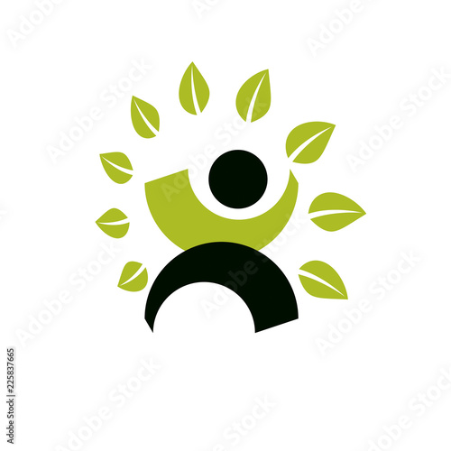 Vector illustration of happy abstract human with reaching up. Go green idea creative logo. Healthy lifestyle metaphor. Environmental conservation theme symbol.