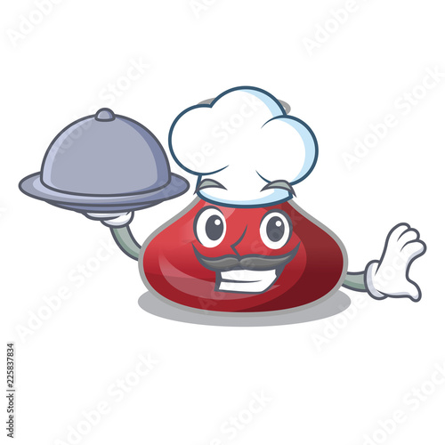 Chef with food wine decanter on the table cartoon