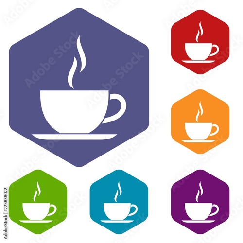 Cup of hot drink icons set rhombus in different colors isolated on white background