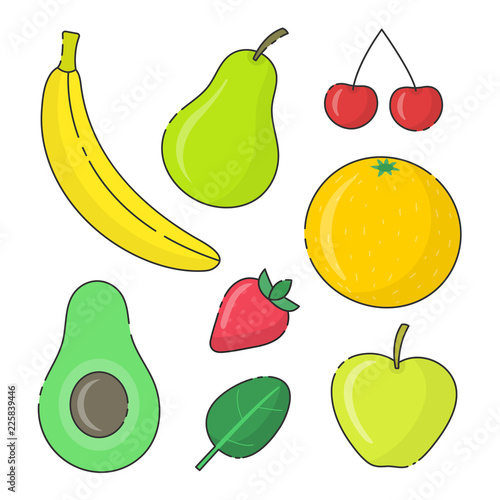 Organic fruits and berries vector set in linear flat style. Modern intermittent stroke. Fruits and berries isolated on white background. Vector eps 10