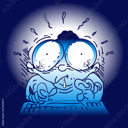 the hypnotized kid, front of the computer screen. a satirical cartoon about online age and social media affect of 'z generation'.