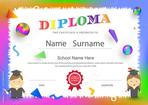 diploma certificate preschool kids elementary school design background vector template