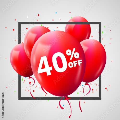 Red Balloons Discount Frame. SALE concept for shop market store advertisement commerce. 40 percent off. Market discount, red balloon. Business sale template. Vector illustration