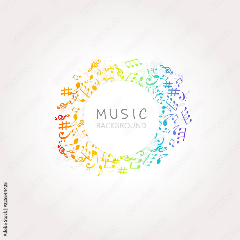 Fototapeta premium Music background with colorful music notes and G-clef vector illustration design. Artistic music festival poster, live concert, music notes signs and symbols banner