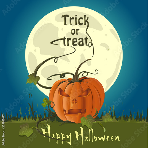 Jack-o-lantern on a background of the full moon. Halloween design. Vector illustration