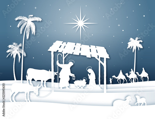 Soft shadows White Silhouette Christmas Nativity scene with Magi