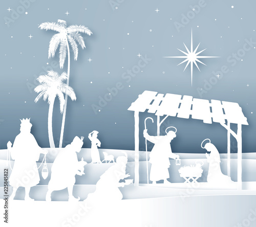 Canvas Print Soft shadows White Silhouette Christmas Nativity scene with Magi