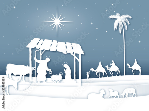 Soft shadows White Silhouette Christmas Nativity scene with Magi