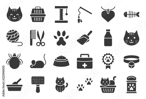 cute cat related icon such as cat litter box and toy, solid design