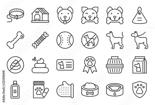 cute dog related icon set such as collar, pet not allowed sign, bowl, medicine, grooming equipment