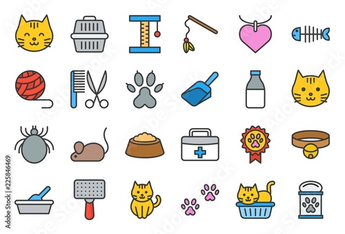 cute cat related icon such as cat litter box and toy, editable stroke