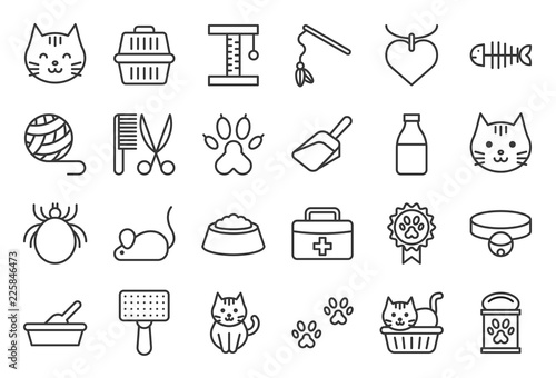 cute cat related icon such as cat litter box and toy, outline editable stroke