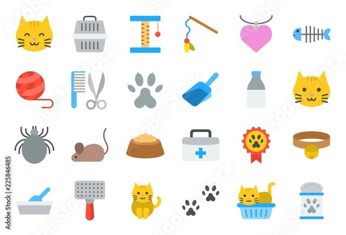 cute cat related icon such as cat litter box and toy, flat design