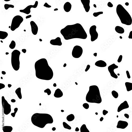 Cow skin. Dalmatians dog spots. animal skin seamless pattern. Black and white. Animal print texture. Vector background.