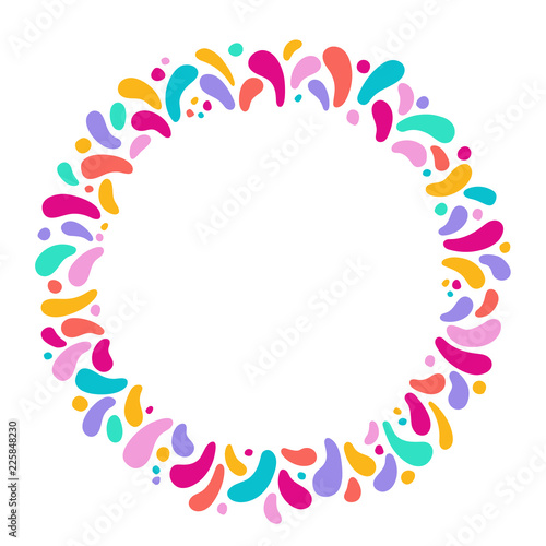 Vector holiday round frame with ornament of multicolor drops. For carnival design, festivals, themes of love, children
