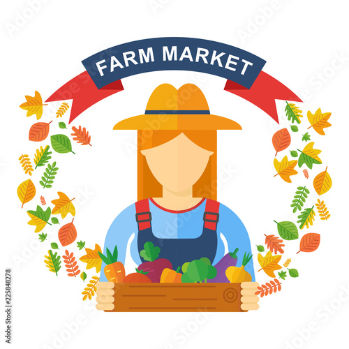 Flat vector Logo farm store or market. Woman farmer holds in her hands a box with vegetables, an autumn harvest of fields and vegetable gardens. Natural products, healthy food, agro-industrial farms.
