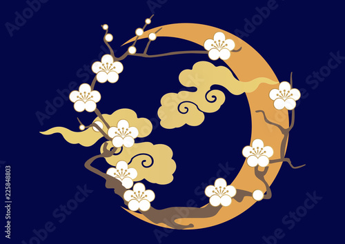 白梅と月夜のデザイン素材。梅の花の素材。和柄。