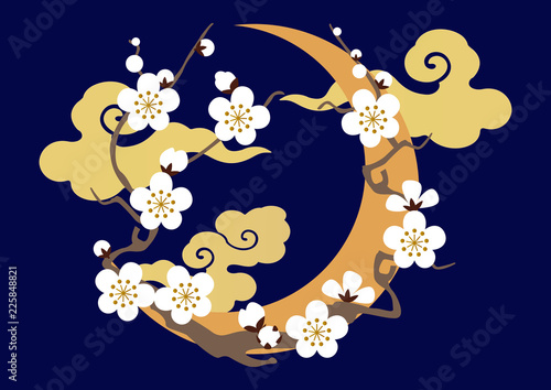 白梅と月夜のデザイン素材。梅の花の素材。和柄。