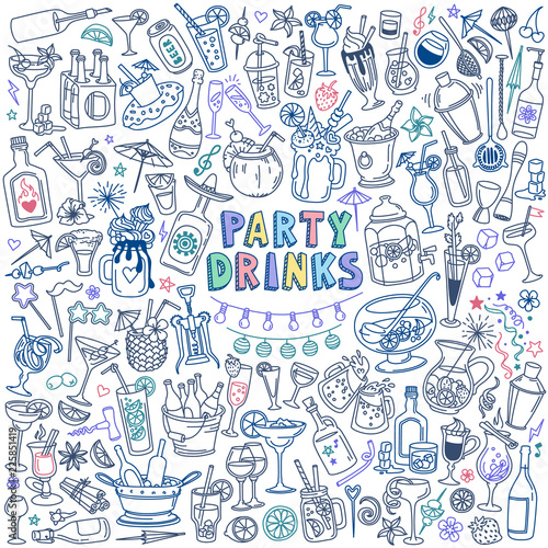 Party drinks doodle set. Cocktails and other festive beverages. Hand drawn vector illustration isolated on white background.  