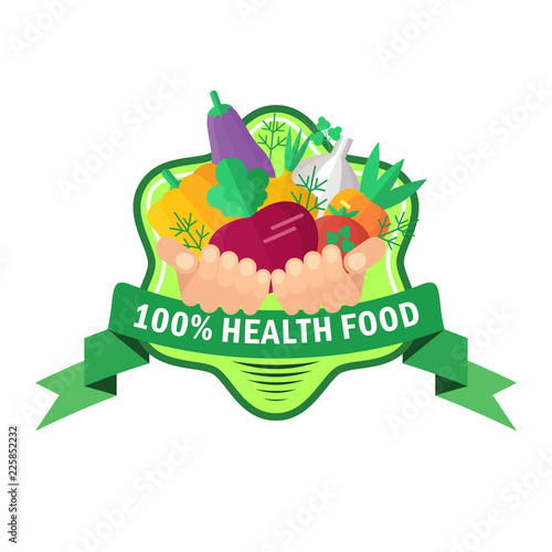 Hands of farmer holding wooden box with fruits and vegetables. Harvesting in autumn. Sign, logo or label for a farm store, market of natural products. People character.
