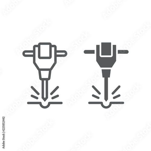 Construction jackhammer line and glyph icon, tool and repair, pneumatic hammer sign, vector graphics,