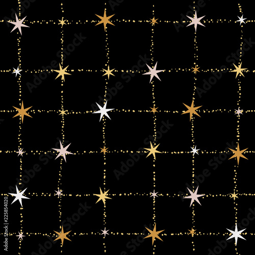 Golden, gray and white stars on a golden grid, fabric effect. Festive seamless pattern