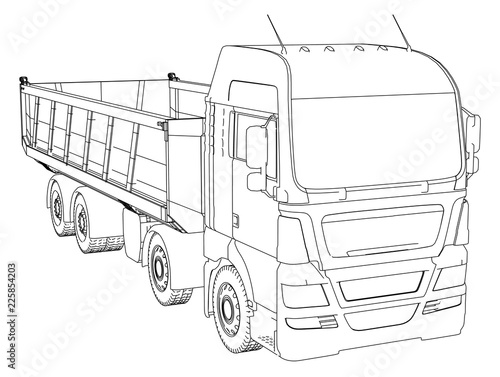 Dump truck sketch. Isolated on white background. Tracing illustration of 3d.