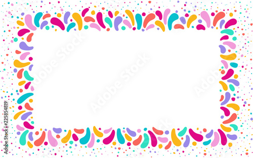 Vector festive rectangular frame with ornament of multicolor drops. For carnival festivals design, themes love, children