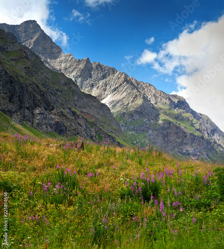 on a hiking trail with mountain at the background located between the Aosta Valley photo