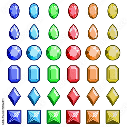 Collection of gems and gemstones. Types of diamond cutting. A set of jewels. Jewelry, jewelery and precious stones. Isolated Vector