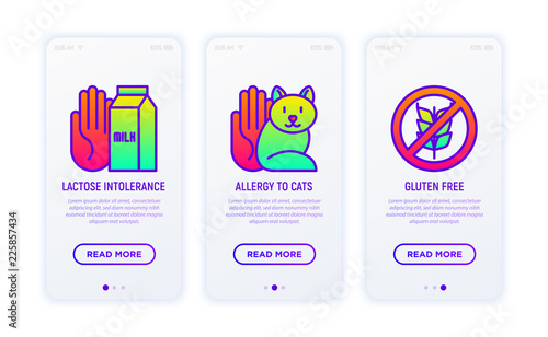 Allergy thin line icons set: lactose intolerance, allergy to cat, gluten free. Modern vector illustration.
