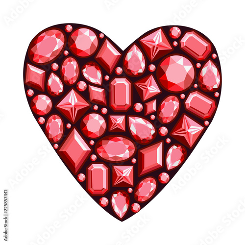 Set of jewels in the form of  heart. Precious stones of red color. Vecto