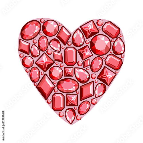 Set of jewels in the form of  heart. Precious stones of red color. Vector