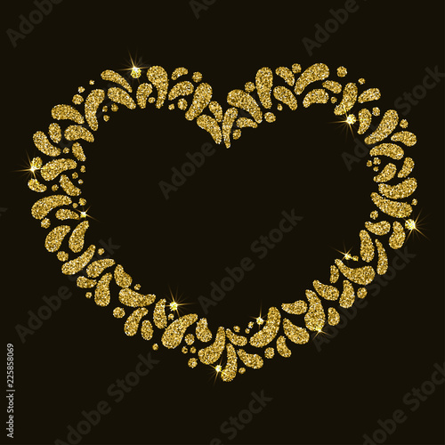 Vector festive gold heart frame. Ornament of glittering drops. For carnival, fest, theme of love, couple, valintines day photo